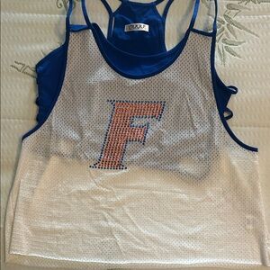 Blue and White Mesh Tank Top with Orange Lettering